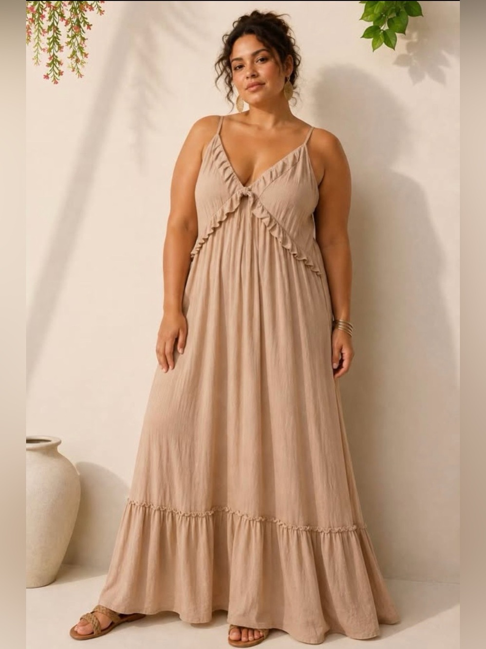 MAIN STRIP Mocha Elegant Maxi Dress with Ruffle Details